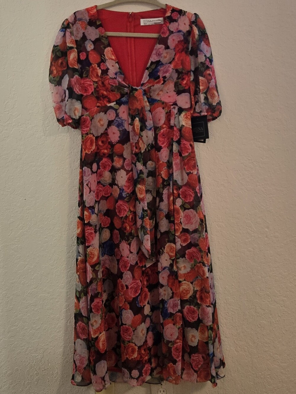 Leena for Mac Duggal Red Multi Floral Tie-Front Midi Dress